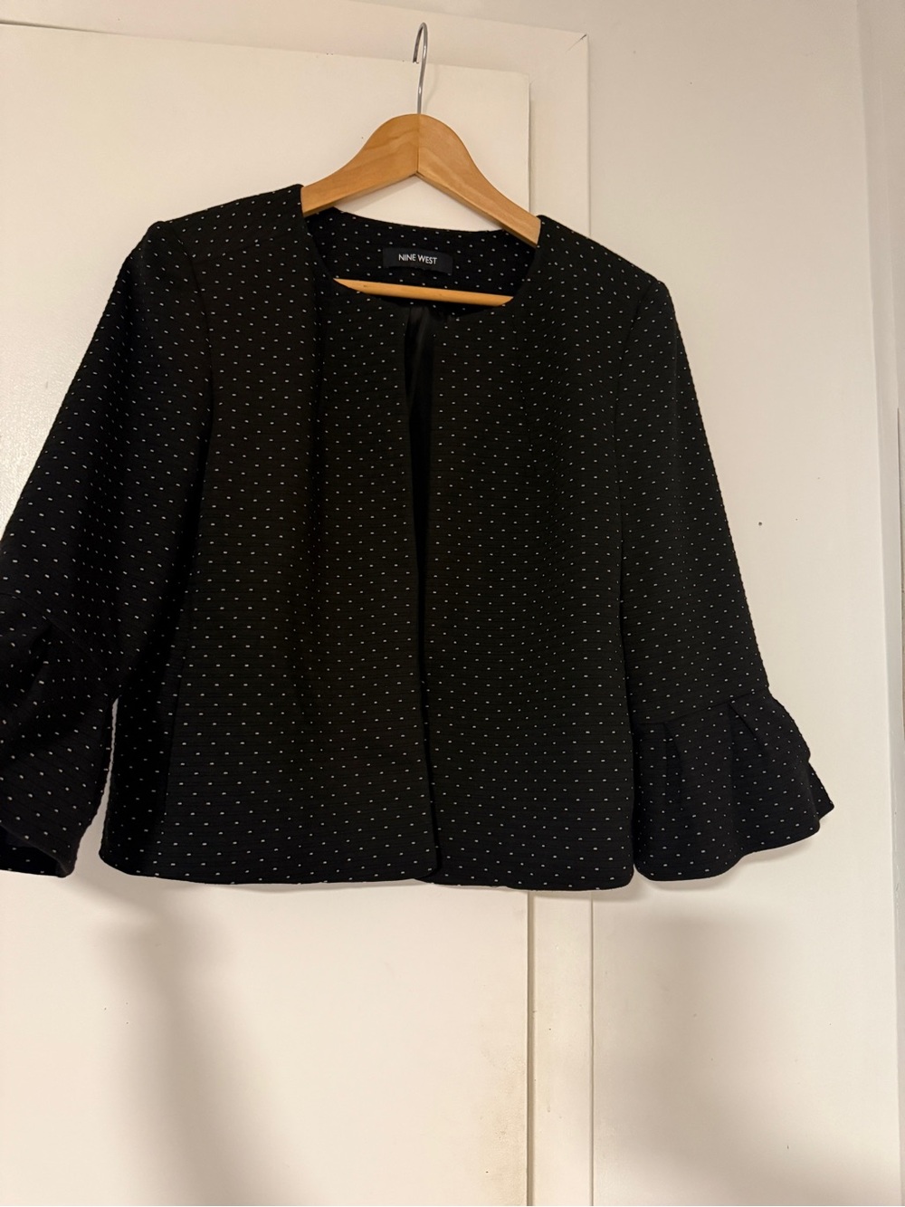Nine West Black Open-Front Polka Dot Blazer with Ruffled Sleeves